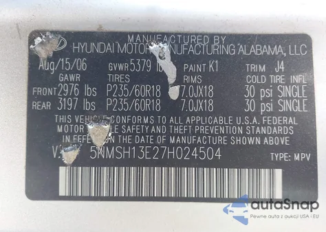 2007 Hyundai Santa Fe Limited/Se из США, поврежденный, VIN 5NMSH13E27H024504